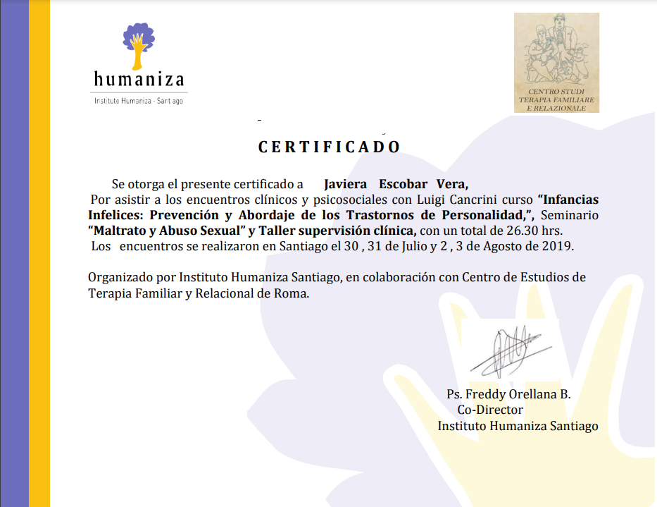 HUMANIZA, CERTIFICADO, INFANCIA INFELICES, PREVENCION Y ABORDAJE DE LOS TRASTORNOS DE PERSONALIDAD